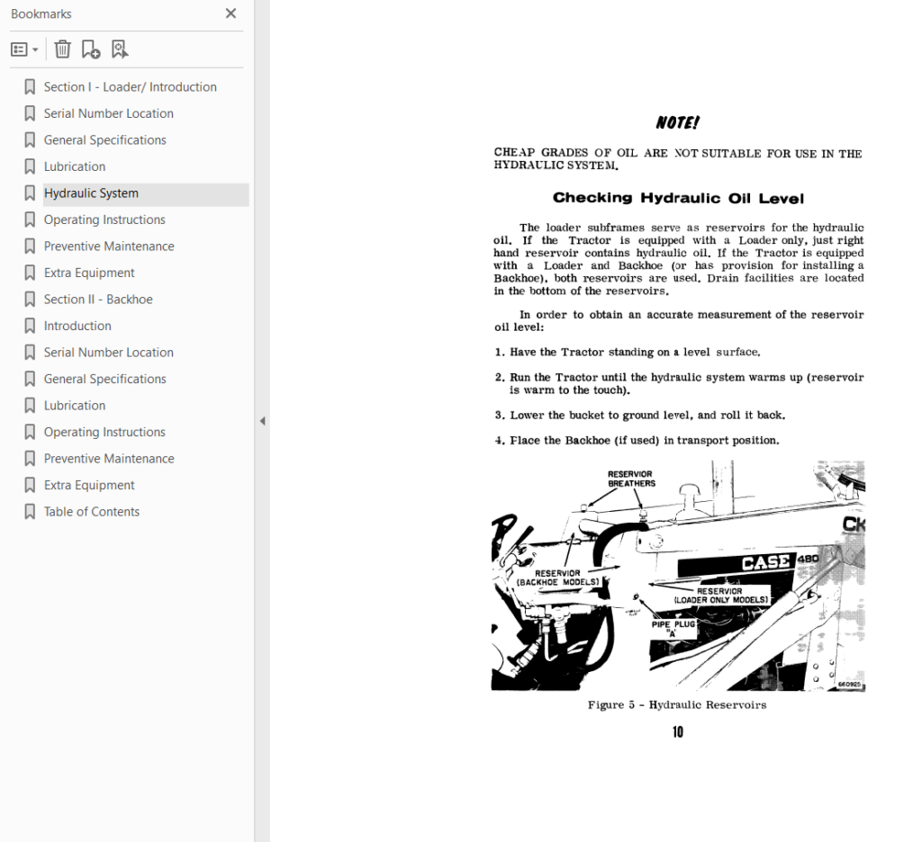 Case 480 tractor loader operators manual sample page
