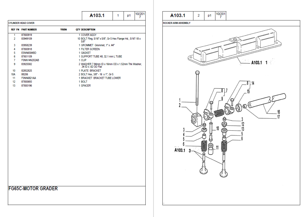 Fiat Allis FG65C Motor Grader Parts Manual sample page
